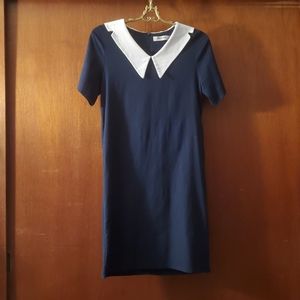Navy linen pointed contrast collar shift dress